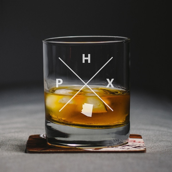 Phoenix Arizona Whiskey Glass , Phoenix Rocks Glass, Phoenix Gift, Arizona PHX ,Phoenix Glass