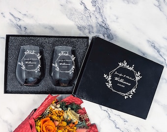 Personalized Stemless Wine Glass Set with Custom Engraved Box, Wedding & Anniversary Glassware for Couples, Elegant Etched Champagne Flutes
