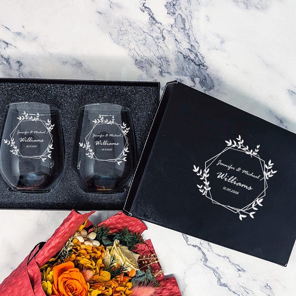 Personalized Stemless Wine Glass Set with Custom Engraved Box, Wedding & Anniversary Glassware for Couples, Elegant Etched Champagne Flutes