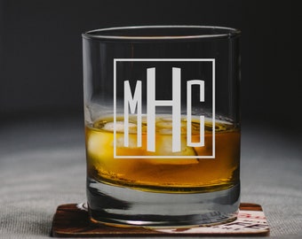 Etched Monogram Whiskey Glass, Personalized Engraved Initial Glass, Heavy Base 13.5 oz Double Rocks Glass, Old Fashioned Scotch Glass, Gift