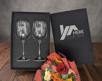 Custom Logo Engraved Wine Glass Set of 2 with Your Logo | 19 oz Stemmed Glasses in a Black Gift Box | Corporate Client Gift, Realtor Gift