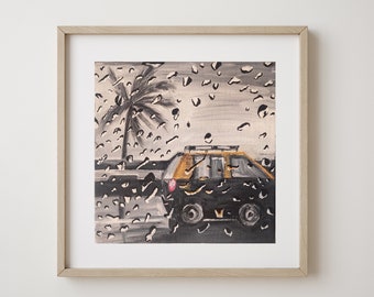 Mumbai Rains, Yellow taxi, Indian desi art, Marine drive taxi, Kaali Peeli, Home décor, Illustration, Monochrome art