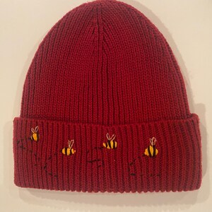 Embroidered beanie~ bee beanie~ red beanie~embroidered hat~ bee hat~ red winter hat~ red bee hat~ bee lover gift~bees~ bees hat~ bees beanie