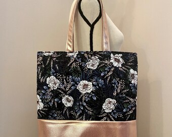 Floral Black Cotton Tote Bag with Pink poly Vinyl Base
