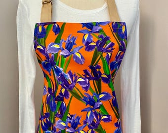 Irises apron~ purple irises apron~orange apron~ floral  apron ~ ladies apron ~ Mom  gift~ vibrant apron~ irises apron~ one of a kind apron