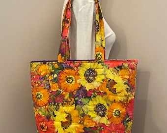 Quilted Cotton Tote Bag: Large Floral Print, Reusable Market Bag