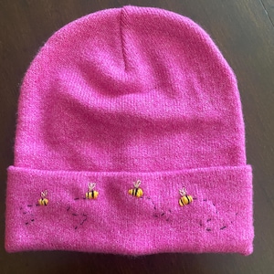 Embroidered beanie~ bee beanie~ pink beanie~embroidered hat~ bee hat~ pink winter hat~ pink bee hat~ bee lover gift ~ bees~ bees beanie