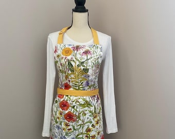 Floral apron~ garden flowers apron~white floral apron~  flowers grasses apron~poppies apron ~ bee balm apron~ ladies apron ~ Mom gift