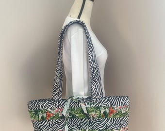 Quilted Zebra Print Tote Bag: Large Reusable Shopping Bag~ zebra bag~ quilted bag~ gift for her ~ animal lover gift