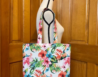 Floral tote bag ~tropical flower tote~ reusable tote bag~ zero waste tote bag~ floral shopping bag~Teacher gift~ Mom gift