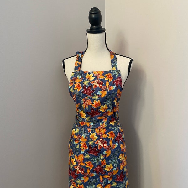 Delantal azul de otoño: Delantal de algodón con hojas y bayas para Acción de Gracias ~ delantal de hojas ~ delantal de otoño ~ delantal elegante ~ delantal de bayas ~ regalo para ella