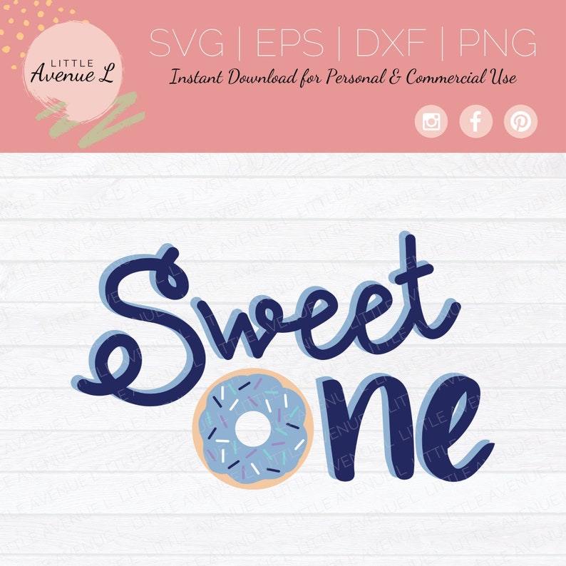May include: Blue and white "Sweet One" text with a blue and white donut with sprinkles in the center.