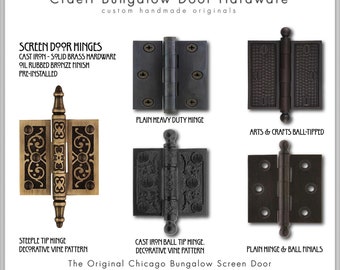 May include: A collection of five different styles of cast iron screen door hinges. The hinges are all oil rubbed bronze and feature decorative details like ball tips, steeple tips, and vine patterns. The text "The Original Chicago Bungalow Screen Door Sauganish Craftsman" is displayed at the bottom of the image.