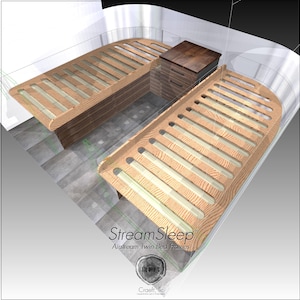 May include: A digital rendering of two light wood twin bed frames with slatted bases and a central dark wood nightstand with two drawers. The text StreamSleep Airstream Twin Bed Frames and the Craeft logo are visible at the bottom of the image.