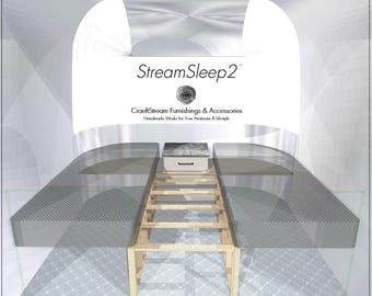 May include: A digital rendering of a twin-to-queen conversion for an Airstream. The image shows two gray mattresses, a wooden frame, and a small nightstand. The text "StreamSleep2" and "CraeftStream Furnishings & Accessories" are visible.