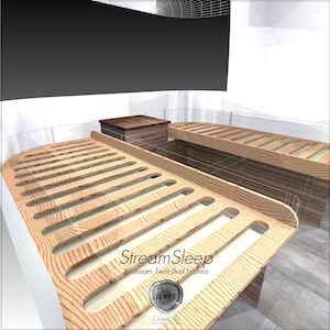 May include: Two wooden twin bed frames with slatted platforms designed for an Airstream trailer. The light-toned wood features a visible grain pattern. A small dark wood nightstand sits between the beds. Text reads StreamSleep Airstream Twin Bed Frames and Craeft.