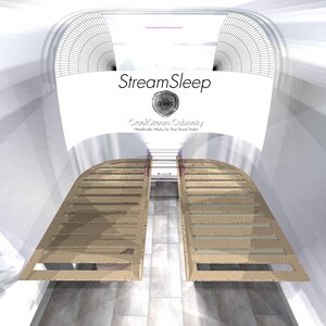 May include: A digital rendering of a wooden bed frame with two separate slatted platforms. The design features the text StreamSleep and CraeftStream Cabinetry Handmade Works for Your Travel Trailer with a circular wood grain logo centered above.