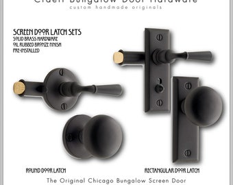 May include: Two black screen door latches with round and rectangular knobs. The latches are made of solid brass with an oil rubbed bronze finish. The text "SCREEN DOOR LATCH SETS" is at the top of the image. The text "SOLID BRASS HARDWARE" is below the first line of text. The text "OIL RUBBED BRONZE FINISH" is below the second line of text. The text "PRE-INSTALLED" is below the third line of text. The text "ROUND DOOR LATCH" is below the first latch. The text "RECTANGULAR DOOR LATCH" is below the second latch. The text "The Original Chicago Bungalow Screen Door" is below the latches. The text "SAUGANSH CRAFTSMAN" is below the previous line of text. The text "Craeft, Ilc" is at the bottom of the image.