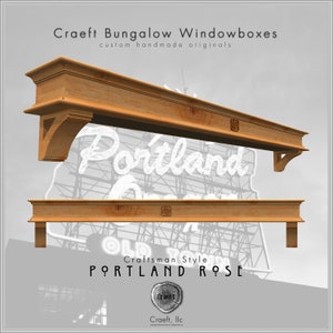 May include: Two wooden window boxes in a Craftsman style. The boxes are made of natural wood and have a simple, elegant design. The top box is angled and has a decorative detail on the front. The bottom box is straight and has a similar decorative detail. The boxes are shown against a backdrop of a vintage sign that reads "Portland Rose".