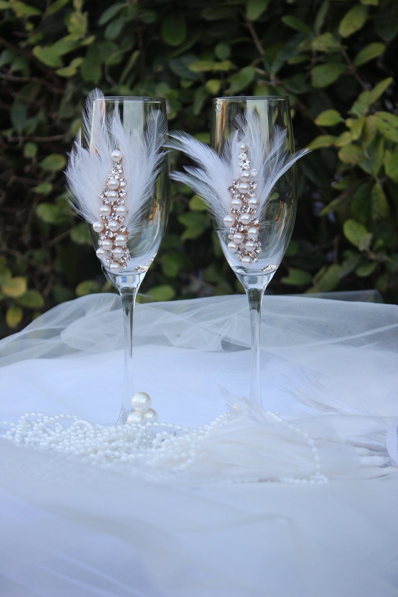 Wedding Flutes Glasses Handmade Decorated Crystals Pearls Etsy