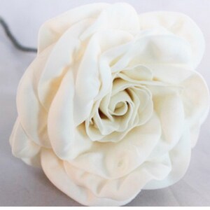 Puede incluir: Una sola rosa blanca, grande y con múltiples capas de pétalos. La rosa está sobre un fondo blanco.