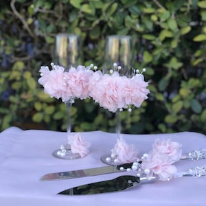 Wedding glasses Cake cutting set handmade Tull pink flower set holiday gift pearls crystals wedding flutes