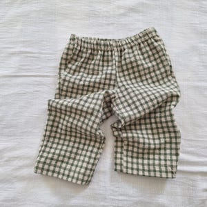 Gingham Baby Pants Green Linen Cotton Wide Leg Baby Pants Newborn Toddler Outfit Vintage Farmhouse Baby Clothes Handmade Infant Pant
