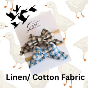 Handmade Linen Baby Bow Gingham Plaid Headband Farmhouse Baby Style Heirloom Checked Baby Hair Bow Linen/ Cotton Blend Baby Accessory