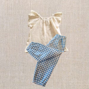 Baby Shower Outfit Set Gingham Blue & Cream Outfit Cotton/Linen Bloomers Crinkle Muslin Cotton Gauze Flutter Sleeve Top Summer Girl Clothes