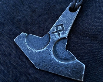 Hand Forged Steel Thor's Hammer Necklace: Viking Mjolnir Pendant