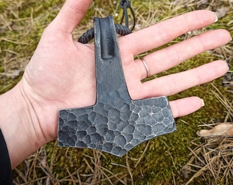 Hand Forged Steel Thor's Hammer Pendant: Viking Mjolnir Necklace