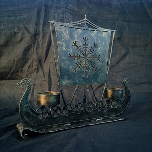 Drakkar Viking Ship Candleholder Aegishjalmur Norse Runes Nordic Asatru