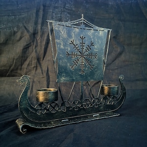 Drakkar Viking Ship Candleholder Aegishjalmur Norse Runes Nordic Asatru