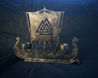 Drakkar Viking Ship Candle Holder Valknut Norse Runes Nordic Asatru Decor Personalized