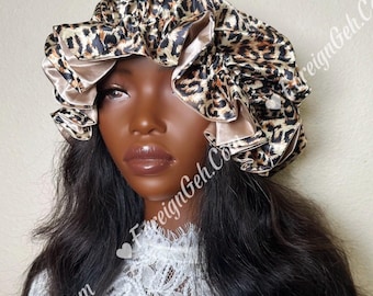 Reversible Satin Bonnet for Sleeping, Leopard Print Silk Sleep Cap | Hair Bonnet for Natural Hair Protection