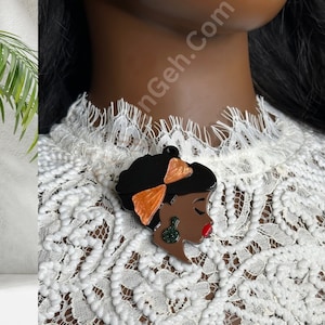 African Queen with Orange Hairband Brooch - Striking 6.5CM Acrylic Pin