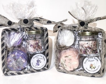 Complete Gift Baskets, Lip Balm, Bath Bomb, Bath Salt, Scented Candle.