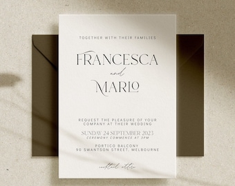 May include: A white wedding invitation card with a brown envelope. The card features the names "Francesca and Mario" in a simple, elegant font. The invitation details the wedding date, time, and location: Sunday, 24 September 2023, 3 PM, Portico Balcony, 90 Swanston Street, Melbourne.