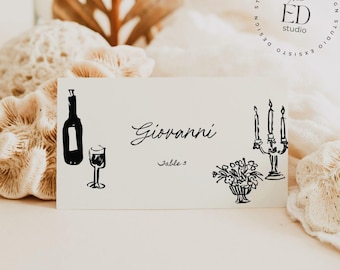 Place Card Template with Hand Drawn Dinner Doodle Illustrations, Whimsical Name Cards, Quirky Scribble Handwritten Printable, Funky, 050