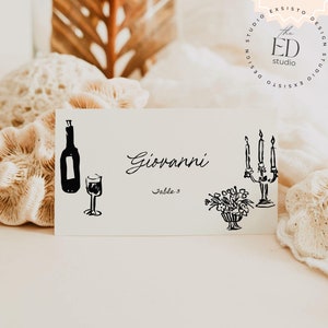 Plantilla de tarjeta de lugar con ilustraciones de cenas dibujadas a mano, tarjetas de nombre originales, imprimibles con garabatos originales y originales, 050