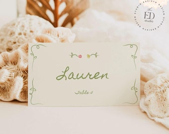 Floral Place Card Template: Hand-Drawn Flowers, Printable (Digital Download), 015