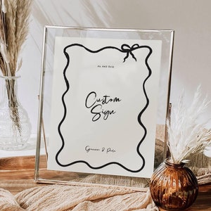 Custom Sign Template with Hand Drawn Wavy Border with Bow Illustration, Whimsical Quirky Scribble Doodle sign, Handwritten Printable, 0005