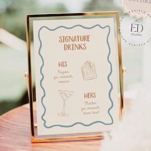 Signature Drinks Sign Template with Hand Drawn Cocktails and Drinks, Whimsical Wavy border sign, Quirky Colorful Handwritten Printable, 081