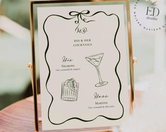 Hand-Drawn Signature Drinks Sign Template: Whimsical His & Her Wedding Cocktails, Digital Download, 072
