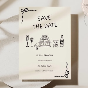 Save the Date Invitation Template with hand drawn whimsical cake and wine illustration, Funky Retro Scribble Doodle Quirky Handwritten, 026