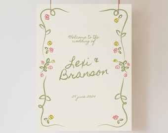 Floral Wedding Welcome Sign Template, Hand-Drawn Flowers (Digital Download), 015