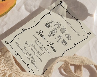 Whimsical Wedding Invitation Template with hand drawn illustration, Quirky Scribble Handwritten Invite, Haven