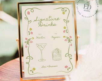 Floral Signature Drinks Sign: Hand-Drawn Cocktails Wedding Bar Template (Digital Download), 015