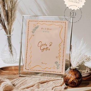 Sjabloon voor kleurrijke kaarten en geschenken met handgetekende bloemillustratie, grillige golvende eigenzinnige rand, krabbel doodle handgeschreven print, 045