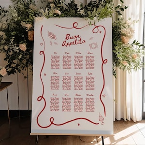 Seating Chart Template with Hand Drawn Italian Illustration, Wavy Edge Whimsical Funky Wedding Sign, Colorful Printable Handwritten Sign 068